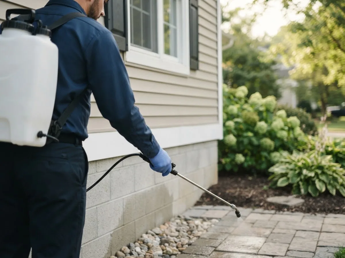 Pest control technician inspecting a home in Flat Rock, MI